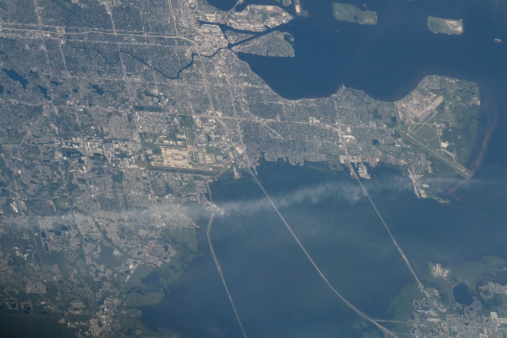 Tampa, Florida on Tampa Bay is pictured from the International Space Station as it orbited on a southeastern trek above the Sunshine State and into the Atlantic Ocean.