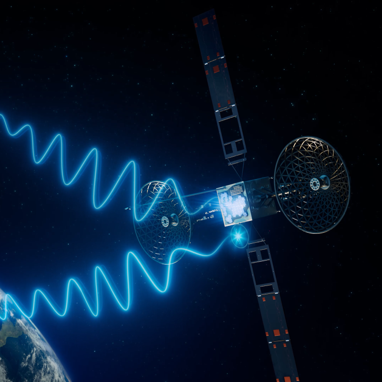 We see an artistic illustration of a Tracking and Data Relay Satellite floating in space in front of a dark starry background. The satellite is dark grey and metallic in color, with two long solar panels and three antenna dishes. Two bright blue waves of light are sent from the satellite into space, representing invisible communication signals. A small portion the Earth is visible in the bottom left corner of the image.