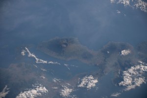 The active volcano of Mount Tambora on the Indonesian province island of West Nusa Tenggara is pictured as the International Space Station orbited 256 miles above the southeast Asian nation.