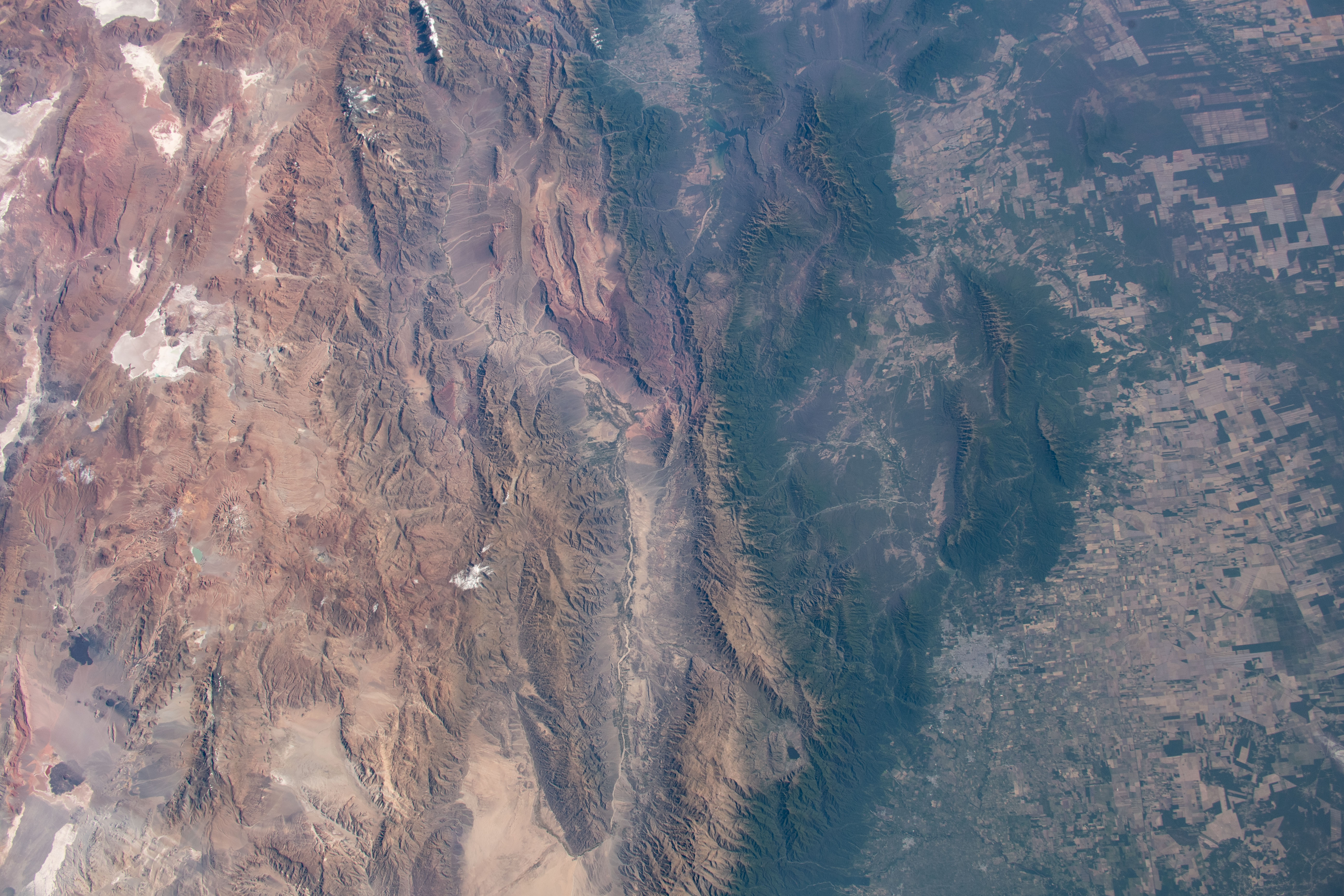 The Andes mountain range that separates the arid and sub-tropical climates in northern Argentina is pictured as the International Space Station orbits from an altitude of 260 miles.