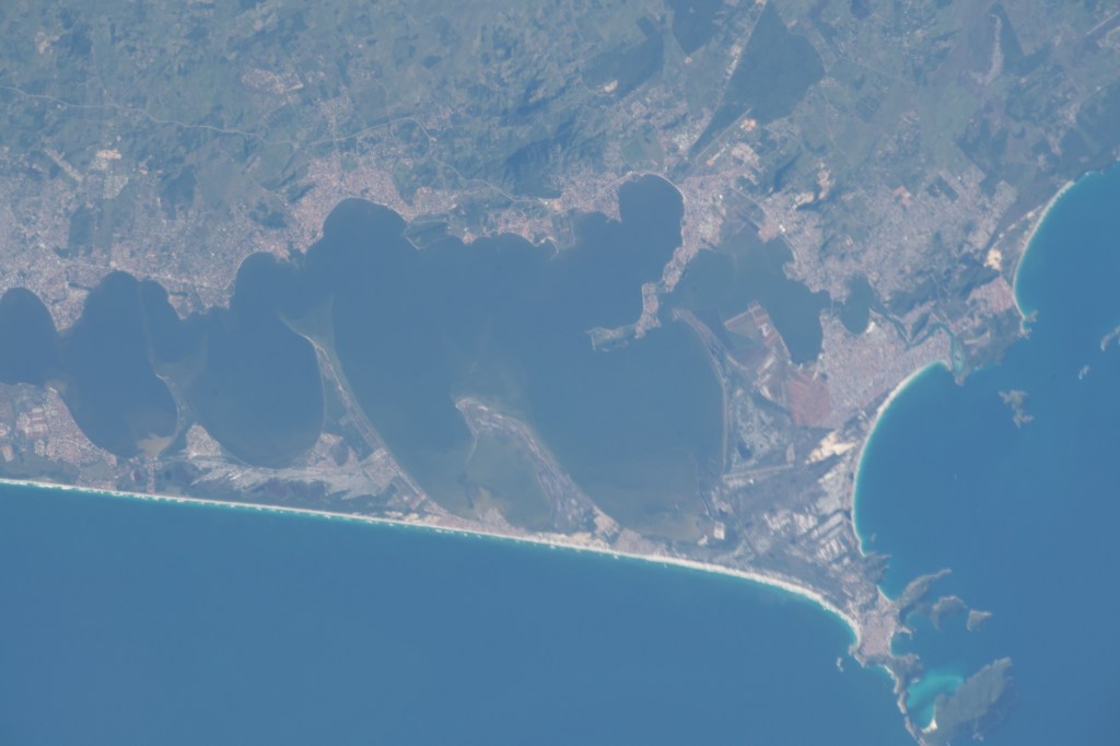 The Araruama Lagoon is about 52 miles east of Rio de Janeiro on the Atlantic coast of Brazil. The International Space Station was flying just north of Sao Paolo, South America's largest city when this photograph was taken.