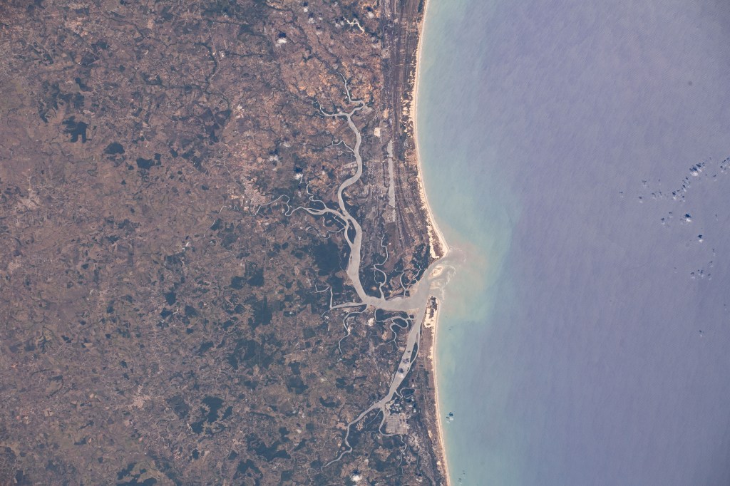 The Atlantic coastline of the Brazilian states of Bahia and Sergipe is pictured as the International Space Station orbited 256 miles above the ocean.