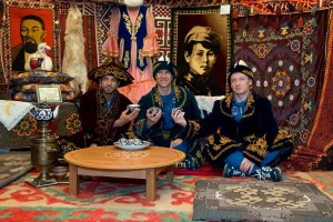 At the Baikonur Museum in the town of Baikonur, Kazakhstan, the backup crewmembers for the next launch to the International Space Station enjoy an afternoon cup of tea Sept. 12 in traditional Kazakh garb during a pre-launch tour. Spaceflight participant Sultan Al-Neyadi of the United Arab Emirates (left), Tom Marshburn of NASA (center) and Sergey Ryzhikov of Roscosmos (right) are the backups to the prime Expedition 61 crew, Oleg Skripochka of Roscosmos and Jessica Meir of NASA and spaceflight participant Hazzaa Ali Almansoori of the United Arab Emirates, who will launch Sept. 25 on the Soyuz MS-15 spacecraft for a mission on the International Space Station.