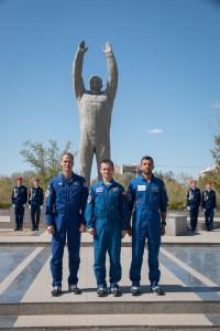 In the town of Baikonur, Kazakhstan, the backup crewmembers for the next launch to the International Space Station pose for pictures Sept. 12 in front of a statue of Yuri Gagarin, the first human to fly in space as part of traditional pre-launch activities. Backup spaceflight participant Sultan Al-Neyadi of the United Arab Emirates (left), Sergey Ryzhikov of Roscosmos (center) and Tom Marshburn of NASA (right) are the backups to the prime Expedition 61 crew, Oleg Skripochka of Roscosmos and Jessica Meir of NASA and spaceflight participant Hazzaa Ali Almansoori of the United Arab Emirates, who will launch Sept. 25 on the Soyuz MS-15 spacecraft for a mission on the International Space Station.