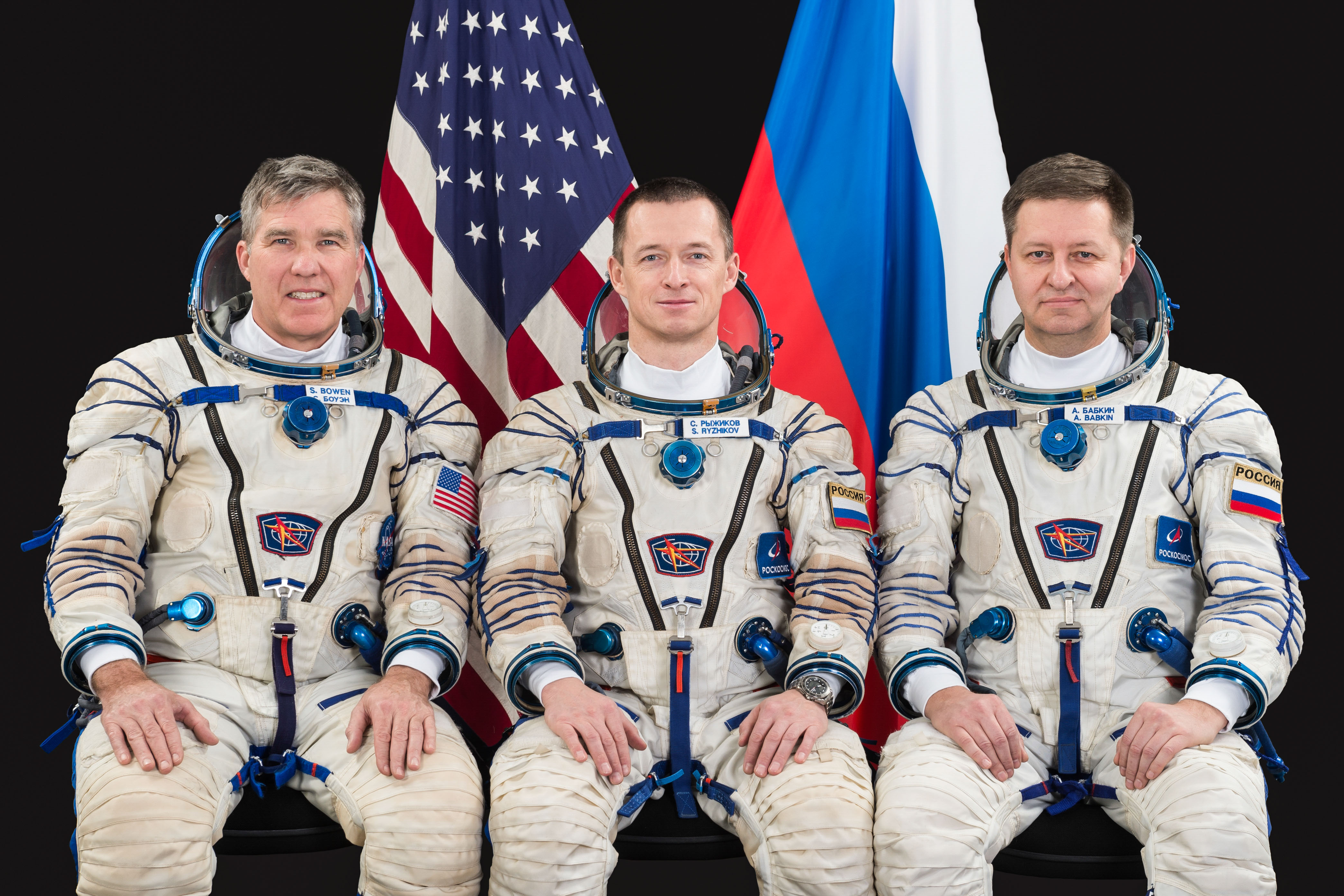 The backup Expedition 63 crewmembers pose for a portrait at the Gagarin Cosmonaut Training Center in Star City, Russia. From left are, NASA astronaut Steve Bowen and Roscosmos cosmonauts Sergey Ryzhikov and Andrei Babkin.