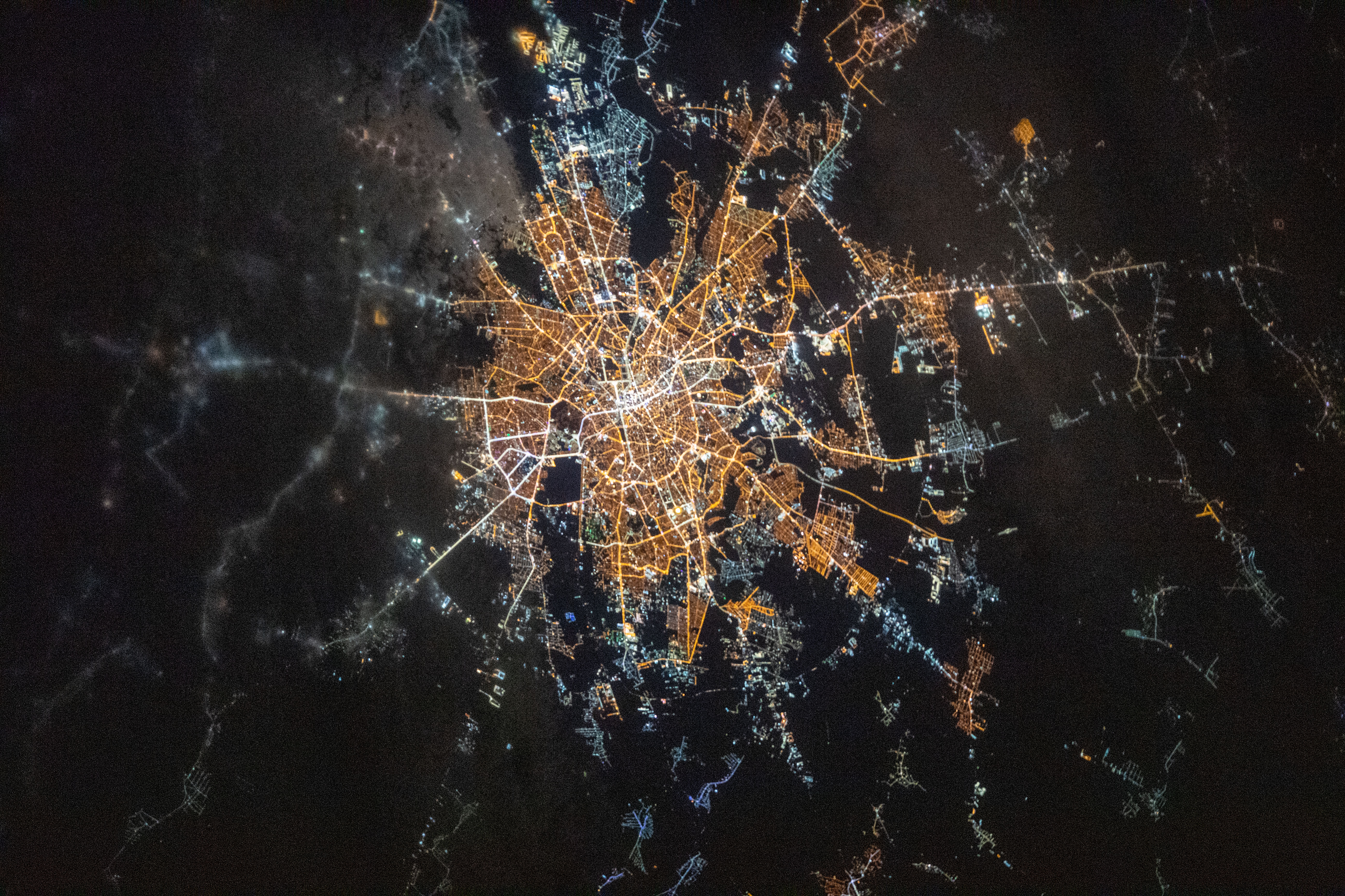 The brightly lit capital city of Bucharest, Romania with a population of almost 1.9 million, is pictured from the International Space Station as it orbited 263 miles above the eastern European nation.