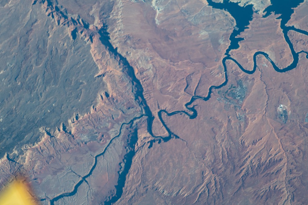 The Colorado River, Horseshoe Bend and a portion of Lake Powell, located in Arizona, is pictured from the International Space Station as it orbited above the southwestern United States.