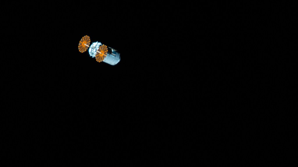 The Cygnus space freighter from Northrop Grumman begins its separation from the International Space Station following its release from the Canadarm2 robotic arm.