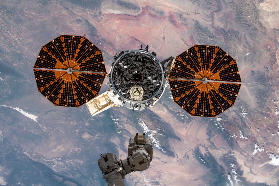 The Cygnus space freighter from Northrop Grumman is pictured moments after its release from the Canadarm2 robotic arm as the International Space Station orbited over the South Pacific just off the West Coast of Chile. Cygnus had completed an 88-day stay attached to the Unity module after delivering nearly 8,200 pounds of research and supplies to the space station on Nov. 4, 2019.