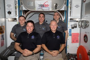 The Expedition 63 crew gathers for a final portrait before the departure of NASA's commercial crew astronauts (front row, from left) Bob Behnken and Doug Hurley. In the center back row, is NASA Commander Chris Cassidy flanked by Roscosmos Flight Engineers (from left) Ivan Vagner and Anatoly Ivanishin.