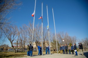At the Cosmonaut Hotel crew quarters in Baikonur, Kazakhstan, the Expedition 63 prime and backup crewmembers raise the Russian, U.S. and Kazakh flags March 26 in a traditional ceremony. From left to right are prime crewmembers Ivan Vagner and Anatoly Ivanishin of Roscosmos, prime crewmember Chris Cassidy of NASA and his backup, Steve Bowen of NASA and backup crewmembers Sergey Ryzhikov and Andrei Babkin. Cassidy, Ivanishin and Vagner will launch April 9 from the Baikonur Cosmodrome on the Soyuz MS-16 spacecraft for a six-and-a-half month mission on the International Space Station.
