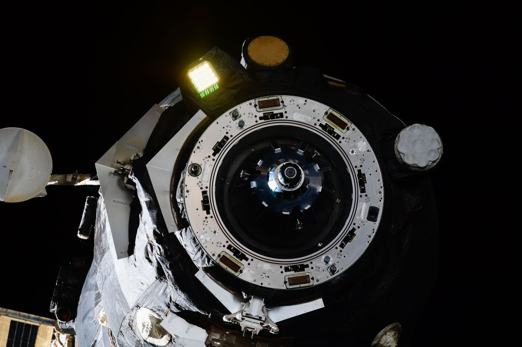 The forward end of the Progress 74 resupply ship from Roscosmos is pictured shortly after it undocked from the Pirs docking compartment completing a seven-month stay at the International Space Station.
