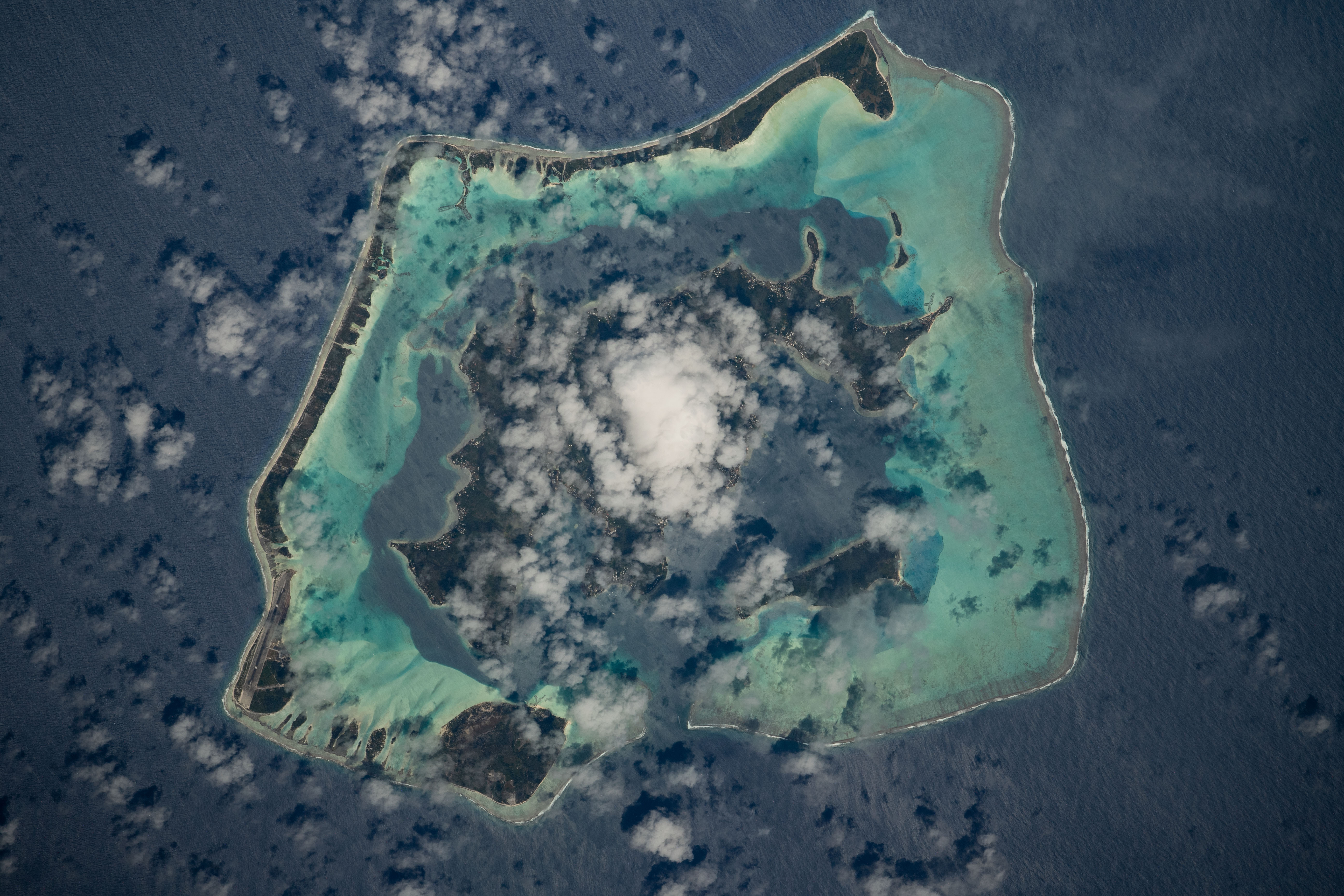 The French Polynesian island of Bora Bora, surrounded by the Bora Main Motu Reef, is pictured as the International Space Station orbited 257 miles above the South Pacific Ocean.