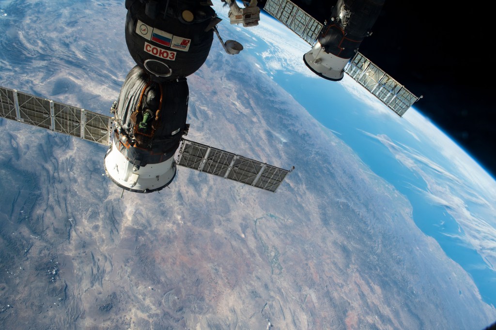 The Gulf of California and the southern tip of Baja California (far right) are pictured as the International Space Station orbited 256 miles above northern Mexico. From front to back, Russia's Soyuz MS-12 crew ship and Progress 72 resupply ship are seen docked to the orbital complex.