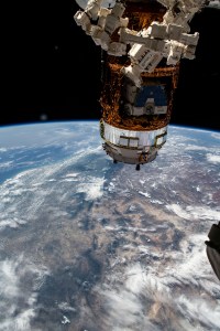The International Space Station was orbiting almost directly above Marfa, Texas, on a southeastern orbital trek that would take it over Mexico and across South America. In the foreground, is the "Dextre" fine-tuned robotic hand with Japan's H-II Transfer Vehicle-9 (HTV-9) behind it. Inside the HTV-9, is the HTV-8 pallet holding old nickel-hydrogen batteries removed from the station during previous spacewalks.