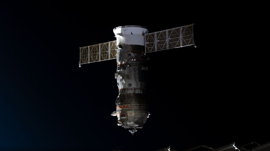 iss068e018240 (Oct. 23, 2022) --- The uncrewed ISS Progress 80 cargo craft is pictured moments after undocking from the International Space Station's Poisk module. The trash-filled Progress 80 would reenter the Earth's atmosphere above the Pacific Ocean a few hours later for a fiery, but safe demise.