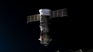 iss068e018240 (Oct. 23, 2022) --- The uncrewed ISS Progress 80 cargo craft is pictured moments after undocking from the International Space Station's Poisk module. The trash-filled Progress 80 would reenter the Earth's atmosphere above the Pacific Ocean a few hours later for a fiery, but safe demise.
