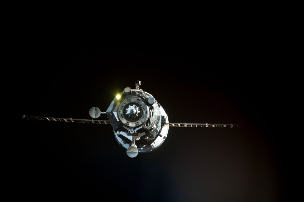 iss068e047046 (Feb. 7, 2023) --- The ISS Progress 81 resupply ship from Roscosmos is pictured moments after undocking from the Zvezda service module's rear port. It would later reenter the Earth's atmosphere above the Pacific Ocean for a safe demise completing an eight-month International Space Station resupply mission.
