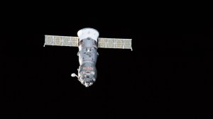 iss068e056697 (Feb. 18, 2023) --- The ISS Progress 82 cargo craft is pictured departing the vicinity of the International Space Station after undocking from the Poisk module ending a four-month resupply mission.