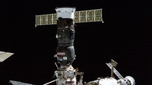 iss068e019673 (Oct. 28, 2022) --- The ISS Progress 82 cargo craft, packed with three tons of food, fuel, and supplies, is pictured shortly after docking to the International Space Station's Poisk module following a two-day trip that began with a launch from the Baikonur Cosmodrome in Kazakhstan.