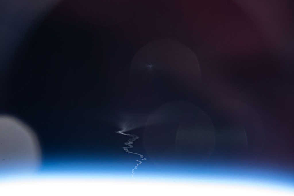 The launch plume of Russia's Progress 76 (76P) resupply ship, after it blasted off from the Baikonur Cosmodrome in Kazakhstan, is pictured from the International Space Station. The 76P was packed with nearly three tons of food, fuel and supplies, and would dock to the station's Pirs docking compartment less than three-and-a-half hours later.