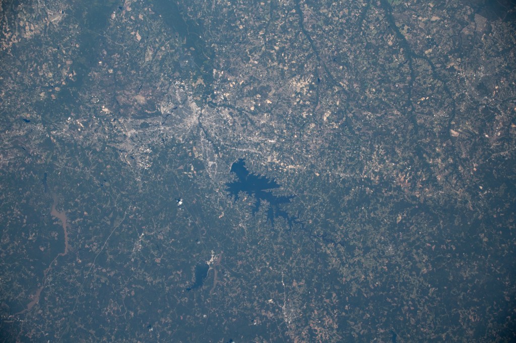 The Monticello Reservoir, Lake Murray and Columbia, South Carolina are pictured as the International Space Station orbited above the Atlantic Coastal Plain of the United States at an altitude of 256 miles.