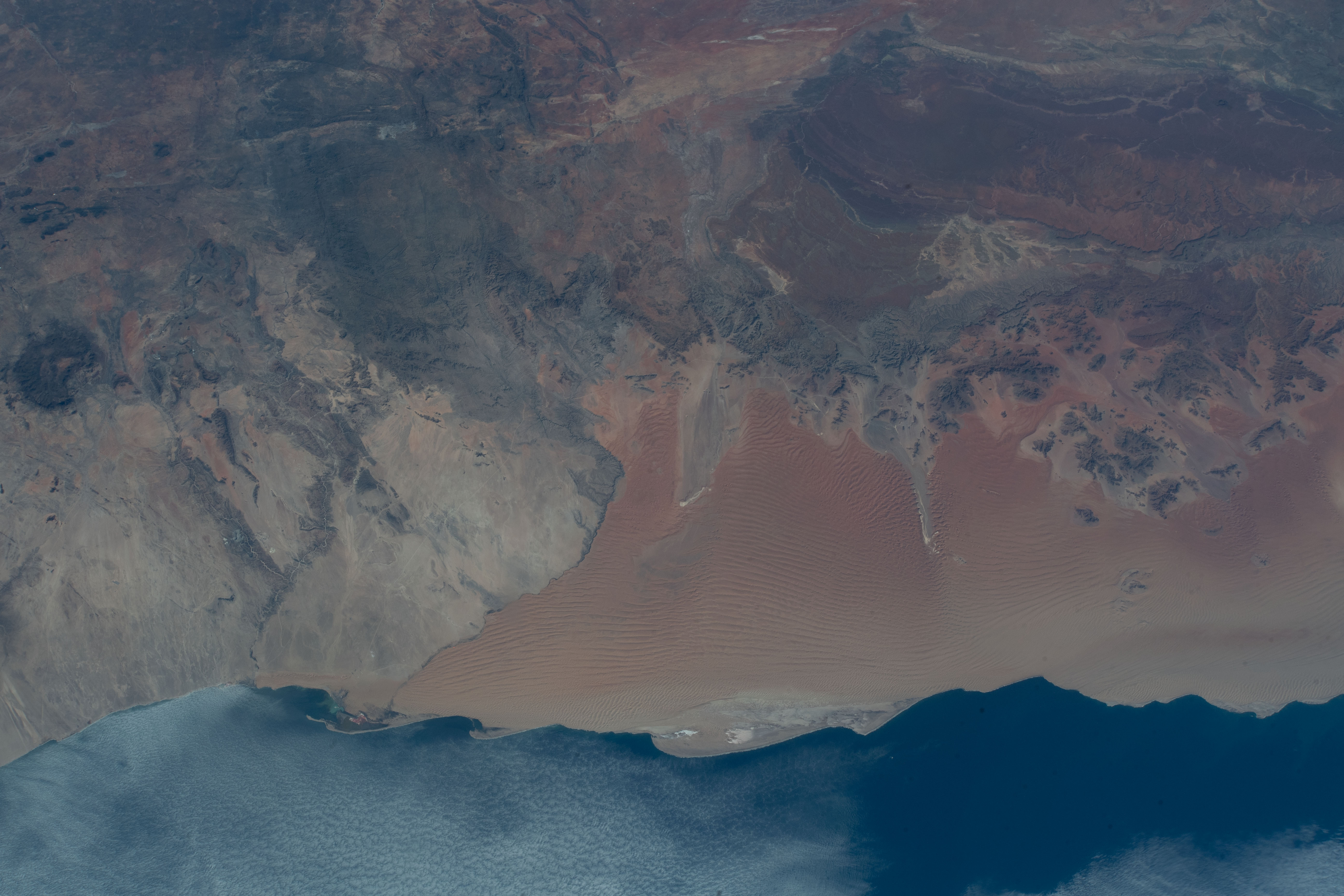 The Namib Desert on the Atlantic Coast of Namibia is photographed from an altitude of 259 miles as the International Space Station orbited off the coast of the southwestern Africa nation.