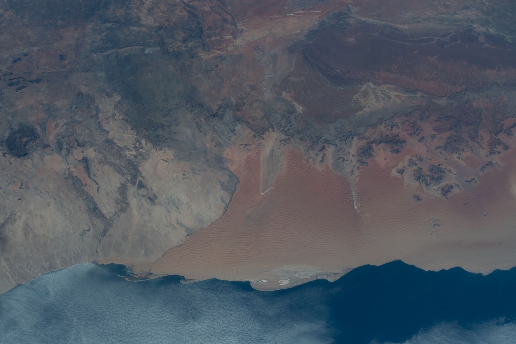 The Namib Desert on the Atlantic Coast of Namibia is photographed from an altitude of 259 miles as the International Space Station orbited off the coast of the southwestern Africa nation.