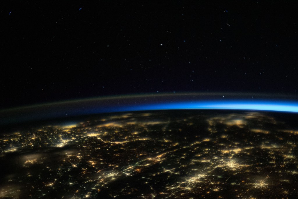 The night lights of the southeastern U.S. are pictured as the International Space Station orbited over the Gulf of Mexico.