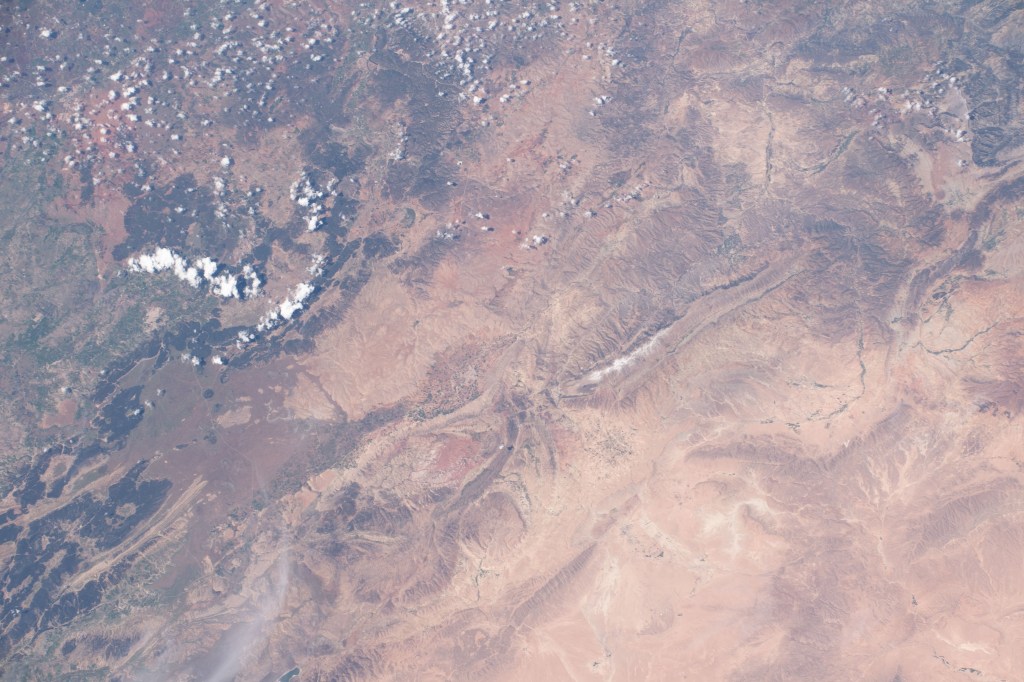 The northern central portion of Morocco, pictured from the International Space Station, is a mountainous region that borders the Sahara Desert in northwest Africa.