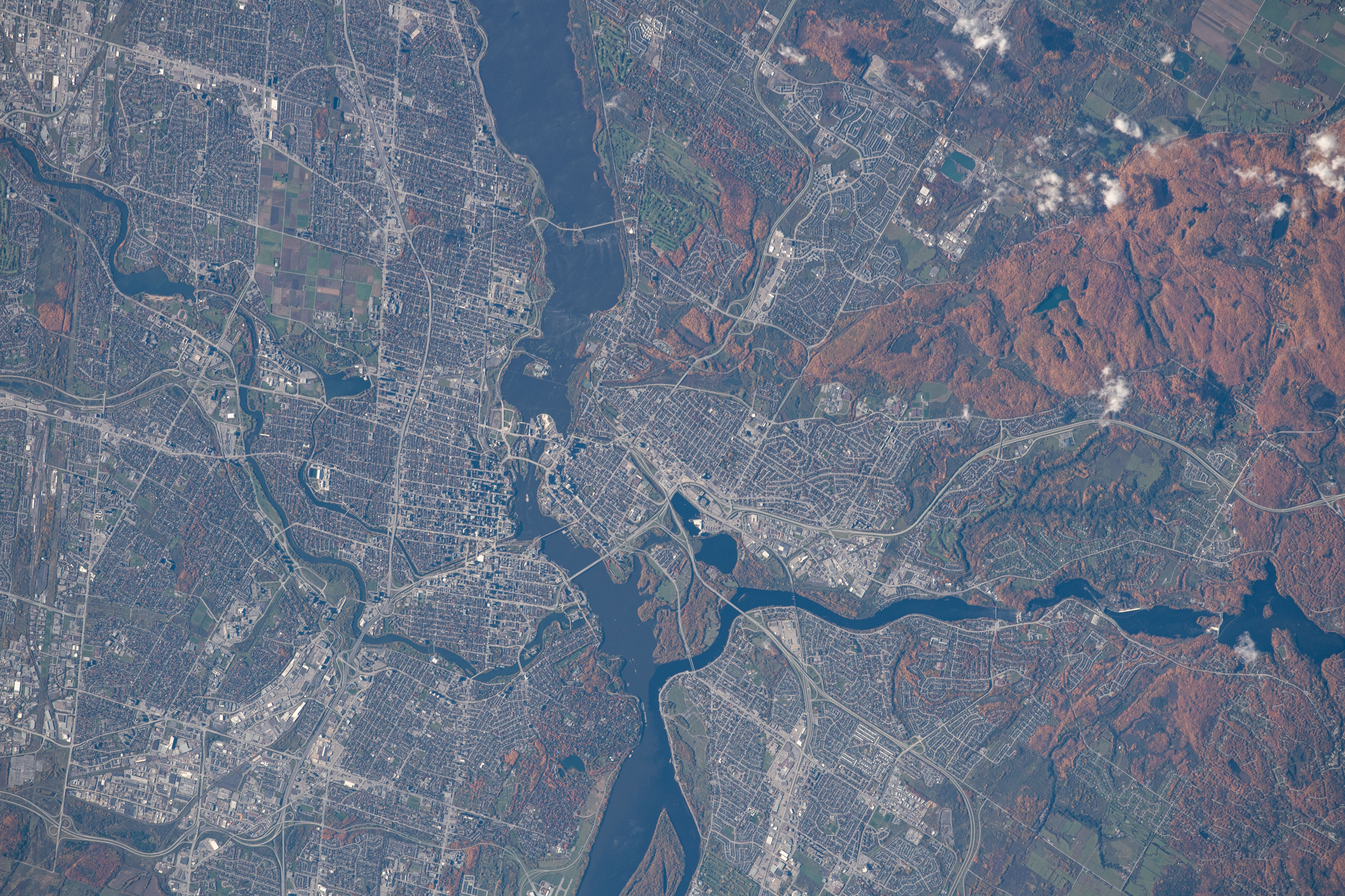 The International Space Station was orbiting above the Ottawa River which separates the Canadian provinces of Ontario and Quebec. On the Ontario side of the river, which is also connected to the Rideau and Gatineau Rivers, is Canada's capital city of Ottawa.