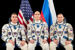 The prime Expedition 63 crewmembers pose for a portrait at the Gagarin Cosmonaut Training Center in Star City, Russia. From left are, NASA astronaut and Commander Chris Cassidy and Roscosmos cosmonauts and Flight Engineers Anatoly Ivanishin and Ivan Vagner.