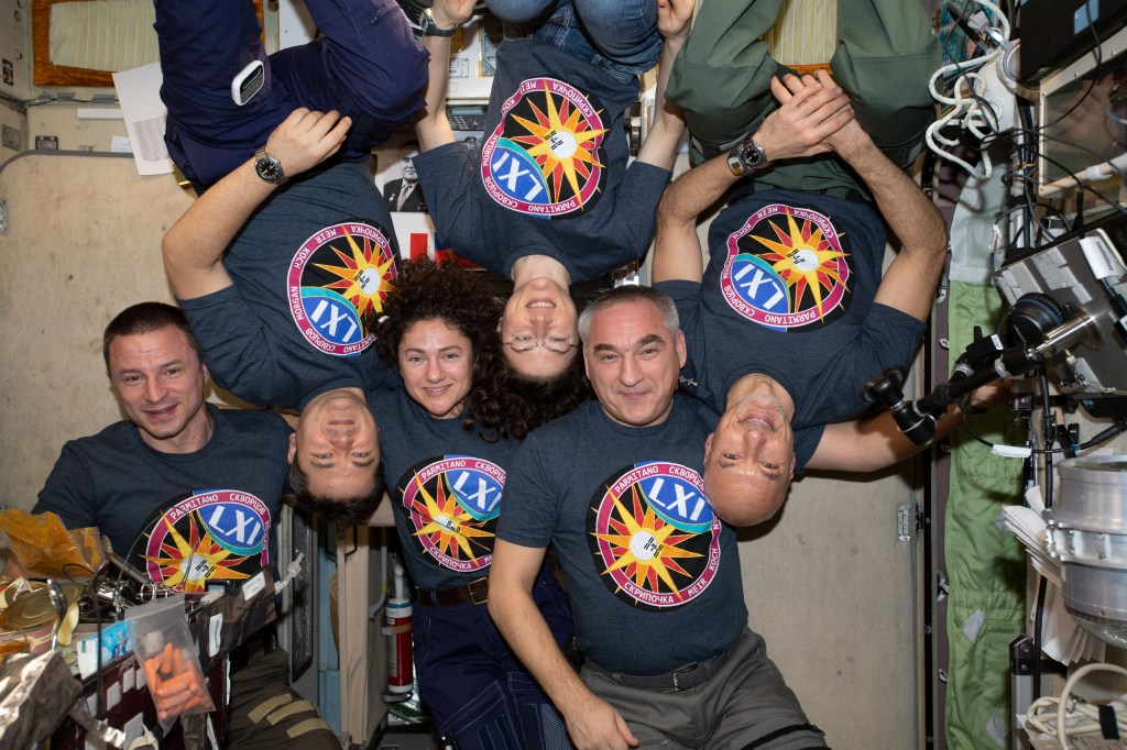 The six-member Expedition 61 crew, wearing t-shirts printed with their crew insignia, gathers for a playful portrait inside the International Space Station's Zvezda service module. From left are, Flight Engineers Andrew Morgan, Oleg Skripochka, Jessica Meir, Christina Koch and Alexander Skvortsov and Commander Luca Parmitano.