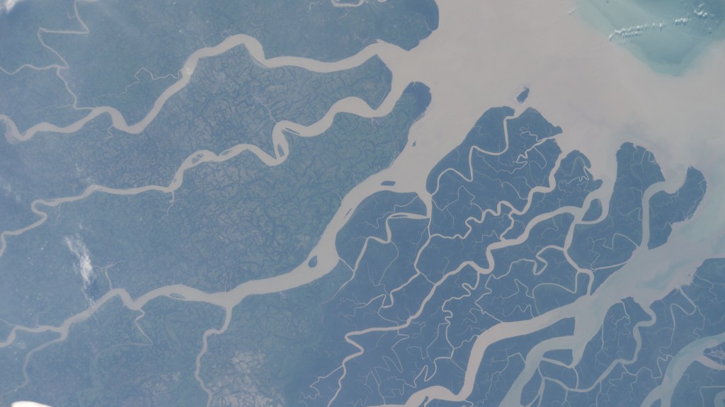 The International Space Station was orbiting above the southern coast of Bangladesh, near the vast mangrove forest and wildlife habitat of India's Sundarban National Park, when this photograph was taken.