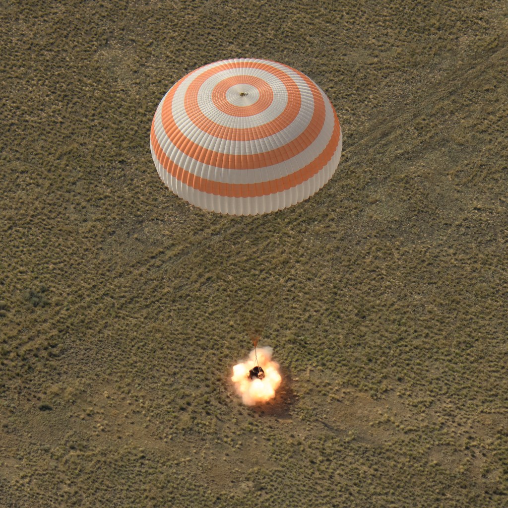 The Soyuz MS-11 spacecraft is seen as it lands with Expedition 59 crew members Anne McClain of NASA, David Saint-Jacques of the Canadian Space Agency, and Oleg Kononenko of Roscosmos, Tuesday, June 25, 2019 Kazakh time (June 24 Eastern time). McClain, Saint-Jacques, and Kononenko are returning after 204 days in space where they served as members of the Expedition 58 and 59 crews onboard the International Space Station.
