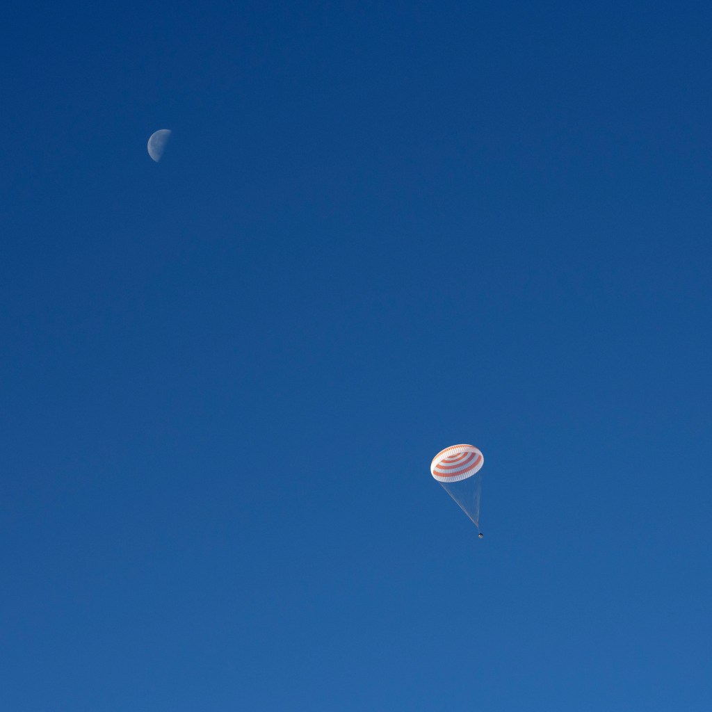The Soyuz MS-11 spacecraft is seen as it lands with Expedition 59 crew members Anne McClain of NASA, David Saint-Jacques of the Canadian Space Agency, and Oleg Kononenko of Roscosmos, Tuesday, June 25, 2019 Kazakh time (June 24 Eastern time) near the town of Zhezkazgan, Kazakhstan. McClain, Saint-Jacques, and Kononenko are returning after 204 days in space where they served as members of the Expedition 58 and 59 crews onboard the International Space Station.