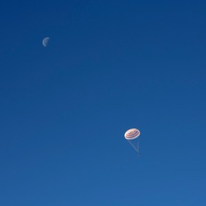 The Soyuz MS-11 spacecraft is seen as it lands with Expedition 59 crew members Anne McClain of NASA, David Saint-Jacques of the Canadian Space Agency, and Oleg Kononenko of Roscosmos, Tuesday, June 25, 2019 Kazakh time (June 24 Eastern time) near the town of Zhezkazgan, Kazakhstan. McClain, Saint-Jacques, and Kononenko are returning after 204 days in space where they served as members of the Expedition 58 and 59 crews onboard the International Space Station.
