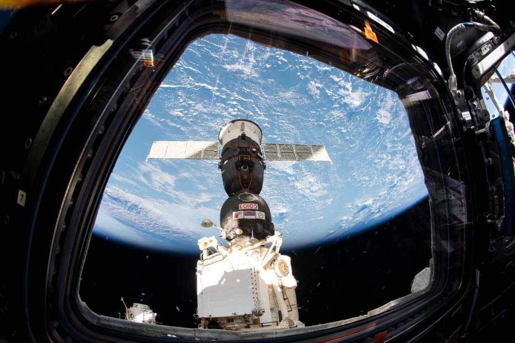 The Soyuz MS-12 spacecraft that launched three new Expedition 59-60 crew members to the International Space Station is pictured docked to the Rassvet module. Cosmonaut Alexey Ovchinin from Roscosmos commanded the Soyuz crew ship flanked by NASA astronauts Nick Hague and Christina Koch during the five-hour, 47-minute trip that began at the Baikonur Cosmodrome in Kazakhstan.