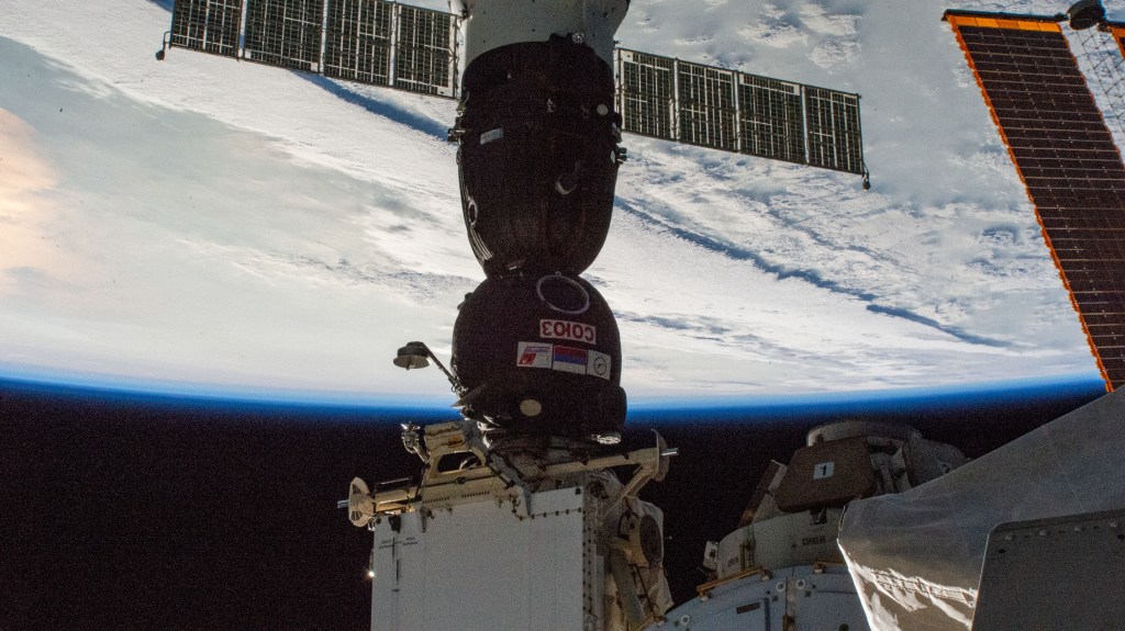 The Soyuz MS-12 spacecraft that launched three new Expedition 59-60 crew members to the International Space Station is pictured docked to the Rassvet module. Cosmonaut Alexey Ovchinin from Roscosmos commanded the Soyuz crew ship flanked by NASA astronauts Nick Hague and Christina Koch during the five-hour, 47-minute trip that began at the Baikonur Cosmodrome in Kazakhstan.