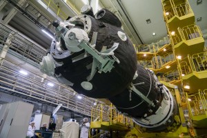 In the Integration Building at the Baikonur Cosmodrome in Kazakhstan, the Soyuz MS-12 spacecraft is ready for encapsulation into the nose fairing of the Soyuz booster rocket March 6. Expedition 59 crew members Nick Hague and Christina Koch of NASA and Alexey Ovchinin of Roscosmos will launch on March 14, U.S. time, on the Soyuz MS-12 spacecraft from the Baikonur Cosmodrome for a six-and-a-half month mission on the International Space Station.
