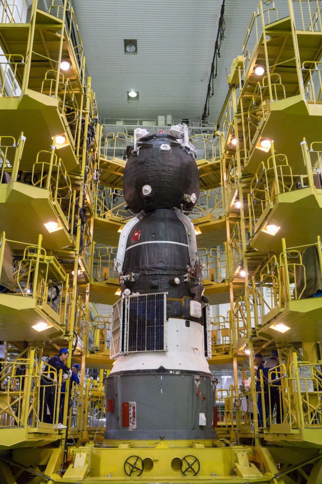 In the Integration Building at the Baikonur Cosmodrome in Kazakhstan, the Soyuz MS-12 spacecraft stands at the ready March 6 prior to its encapsulation into the nose fairing of the Soyuz booster rocket. Expedition 59 crew members Nick Hague and Christina Koch of NASA and Alexey Ovchinin of Roscosmos will launch on March 14, U.S. time, on the Soyuz MS-12 spacecraft from the Baikonur Cosmodrome for a six-and-a-half month mission on the International Space Station.