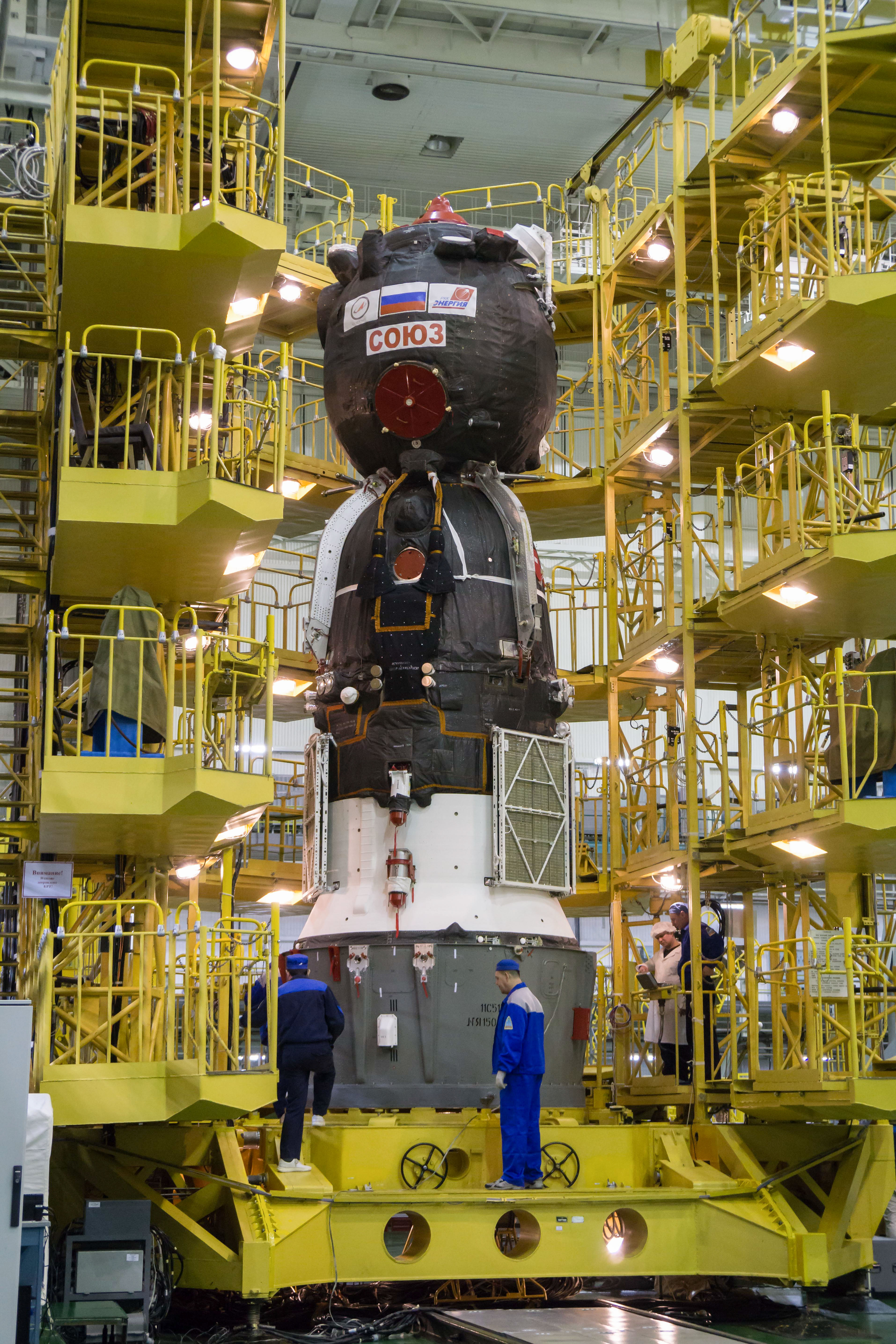In the Integration Building at the Baikonur Cosmodrome in Kazakhstan, the Soyuz MS-12 spacecraft stands at the ready March 6 prior to its encapsulation into the nose fairing of the Soyuz booster rocket. Expedition 59 crew members Nick Hague and Christina Koch of NASA and Alexey Ovchinin of Roscosmos will launch on March 14, U.S. time, on the Soyuz MS-12 spacecraft from the Baikonur Cosmodrome for a six-and-a-half month mission on the International Space Station.