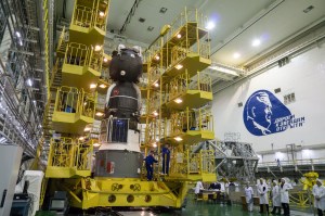 In the Integration Building at the Baikonur Cosmodrome in Kazakhstan, the Soyuz MS-12 spacecraft stands at the ready March 6 prior to its encapsulation into the nose fairing of the Soyuz booster rocket. Expedition 59 crew members Nick Hague and Christina Koch of NASA and Alexey Ovchinin of Roscosmos will launch on March 14, U.S. time, on the Soyuz MS-12 spacecraft from the Baikonur Cosmodrome for a six-and-a-half month mission on the International Space Station. Credit: NASA/Victor Zelentsov