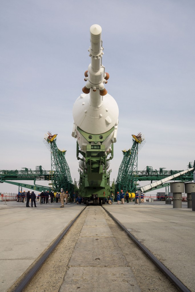 At the Baikonur Cosmodrome in Kazakhstan, the Soyuz MS-16 spacecraft and its booster are raised to a vertical position at the Site 31 launch pad April 6 for final preparations for launch. Expedition 63 crewmembers Chris Cassidy of NASA and Anatoly Ivanishin and Ivan Vagner of Roscosmos are set to launch aboard the Soyuz MS-16 April 9 for a six-and-a-half month mission on the International Space Station. Credit: NASA/Victor Zelentsov.