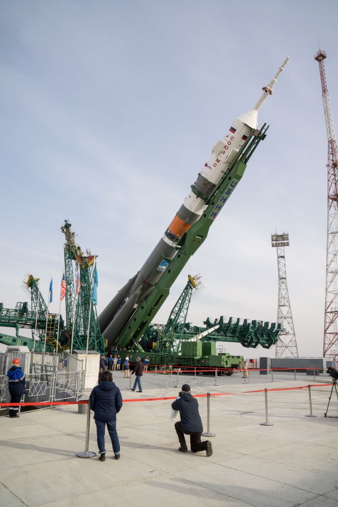At the Baikonur Cosmodrome in Kazakhstan, the Soyuz MS-16 spacecraft and its booster are raised to a vertical position at the Site 31 launch pad April 6 for final preparations for launch. Expedition 63 crewmembers Chris Cassidy of NASA and Anatoly Ivanishin and Ivan Vagner of Roscosmos are set to launch aboard the Soyuz MS-16 April 9 for a six-and-a-half month mission on the International Space Station.