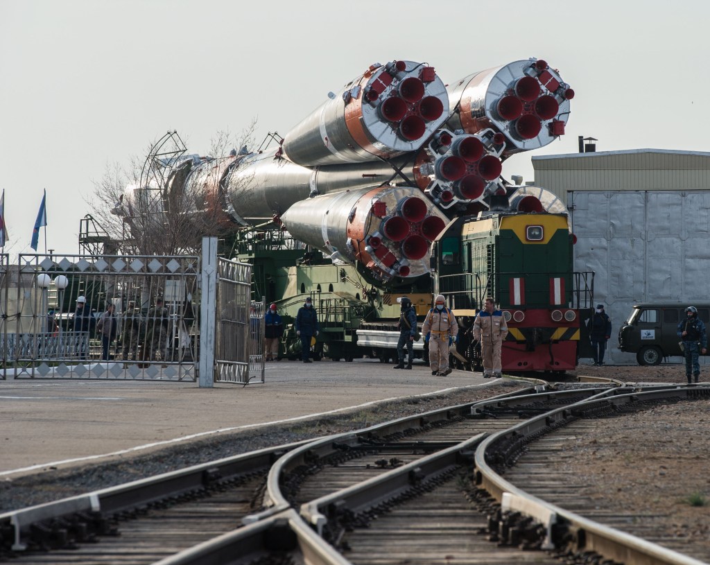At the Baikonur Cosmodrome in Kazakhstan, the Soyuz MS-16 spacecraft and its booster are transported from the integration building to the Site 31 launch pad April 6 for final preparations for launch. Expedition 63 crewmembers Chris Cassidy of NASA and Anatoly Ivanishin and Ivan Vagner of Roscosmos are set to launch aboard the Soyuz MS-16 April 9 for a six-and-a-half month mission on the International Space Station.