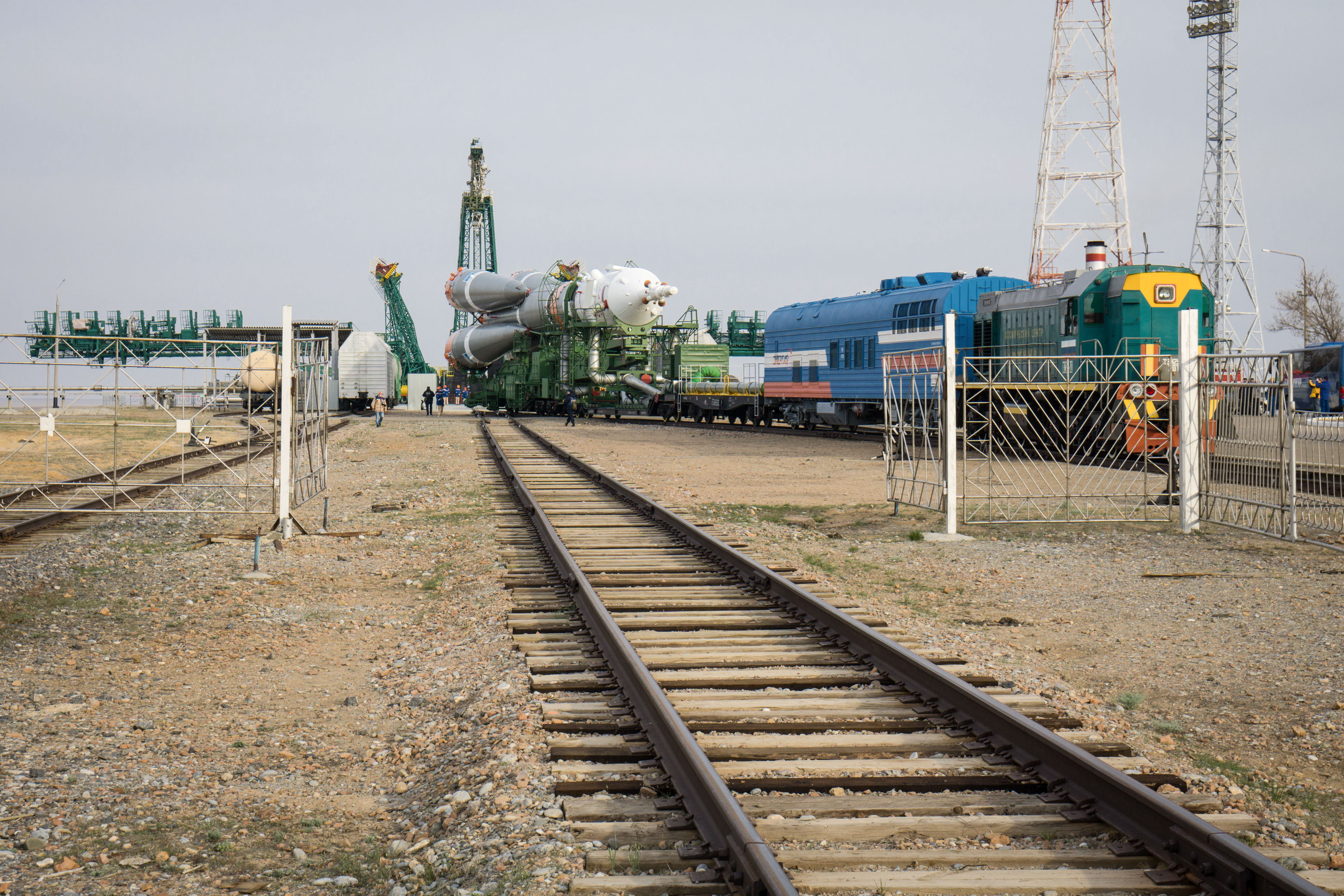 At the Baikonur Cosmodrome in Kazakhstan, the Soyuz MS-16 spacecraft and its booster are transported from the integration building to the Site 31 launch pad April 6 for final preparations for launch. Expedition 63 crewmembers Chris Cassidy of NASA and Anatoly Ivanishin and Ivan Vagner of Roscosmos are set to launch aboard the Soyuz MS-16 April 9 for a six-and-a-half month mission on the International Space Station.