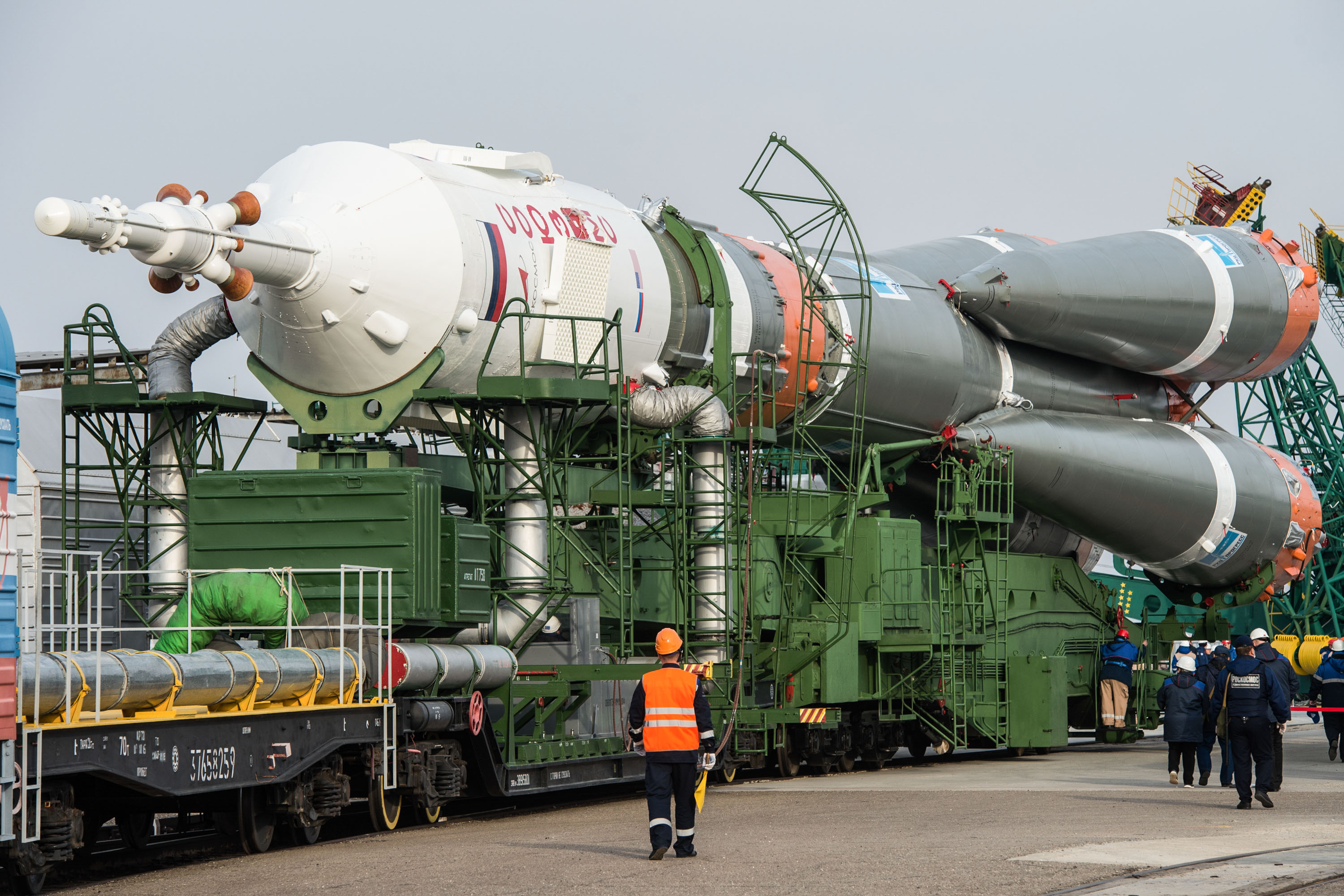 At the Baikonur Cosmodrome in Kazakhstan, the Soyuz MS-16 spacecraft and its booster are transported from the integration building to the Site 31 launch pad April 6 for final preparations for launch. Expedition 63 crewmembers Chris Cassidy of NASA and Anatoly Ivanishin and Ivan Vagner of Roscosmos are set to launch aboard the Soyuz MS-16 April 9 for a six-and-a-half month mission on the International Space Station.