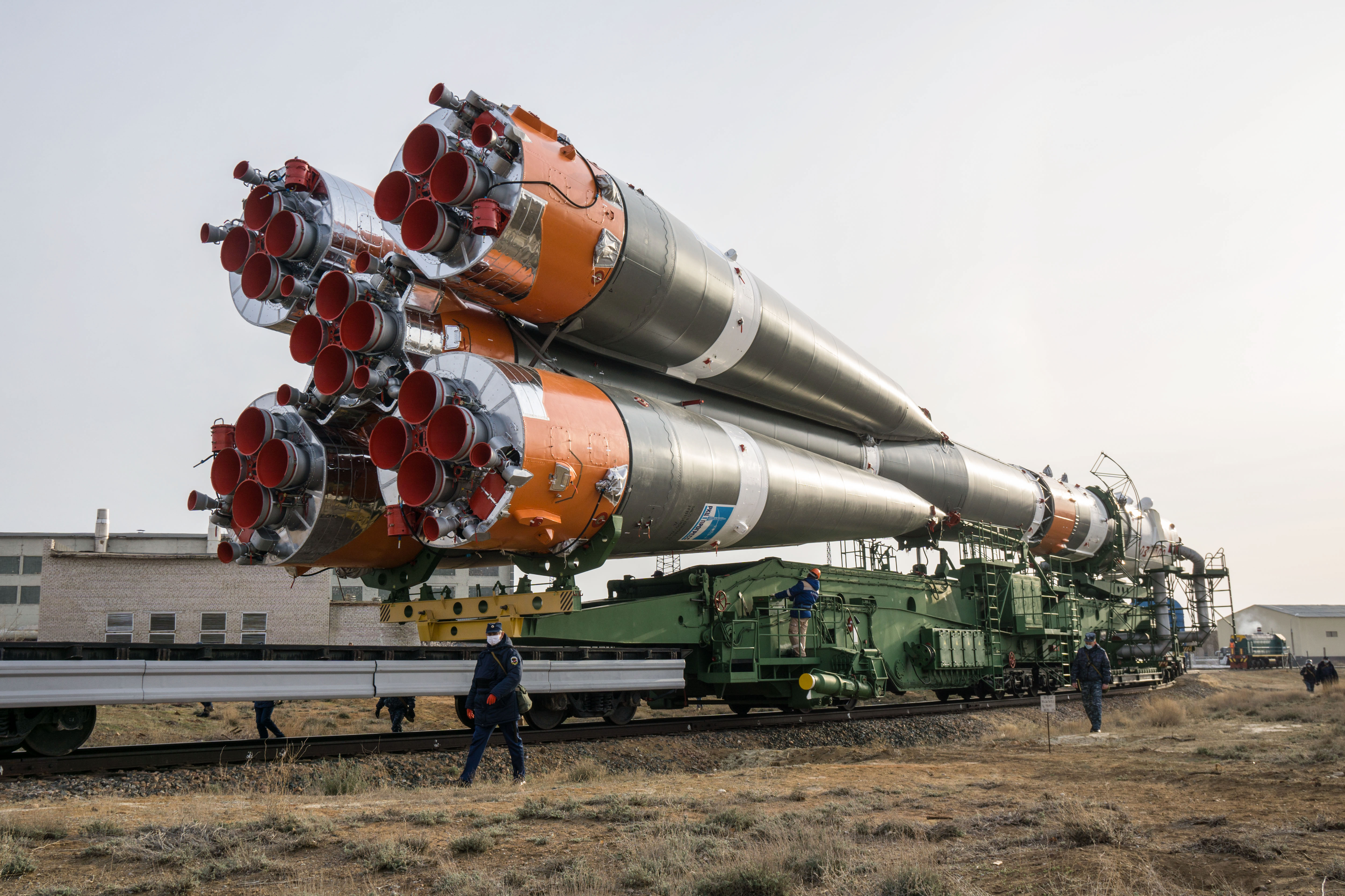 At the Baikonur Cosmodrome in Kazakhstan, the Soyuz MS-16 spacecraft and its booster are transported from the integration building to the Site 31 launch pad April 6 for final preparations for launch. Expedition 63 crewmembers Chris Cassidy of NASA and Anatoly Ivanishin and Ivan Vagner of Roscosmos are set to launch aboard the Soyuz MS-16 April 9 for a six-and-a-half month mission on the International Space Station.