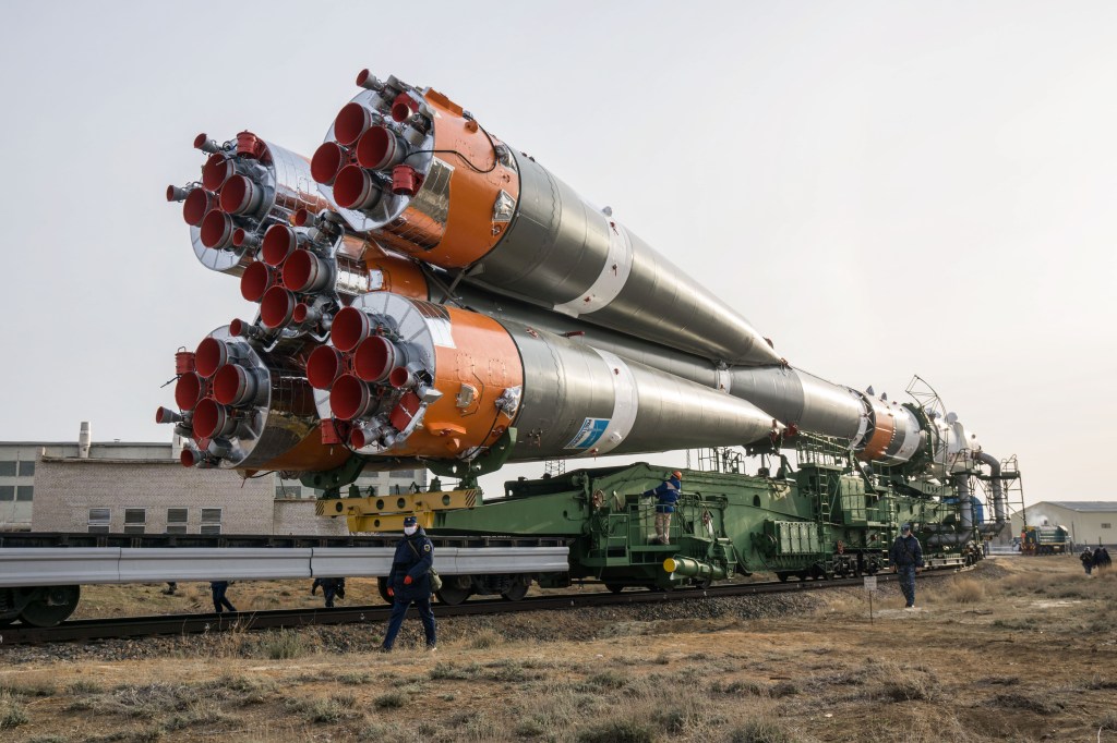 At the Baikonur Cosmodrome in Kazakhstan, the Soyuz MS-16 spacecraft and its booster are transported from the integration building to the Site 31 launch pad April 6 for final preparations for launch. Expedition 63 crewmembers Chris Cassidy of NASA and Anatoly Ivanishin and Ivan Vagner of Roscosmos are set to launch aboard the Soyuz MS-16 April 9 for a six-and-a-half month mission on the International Space Station.